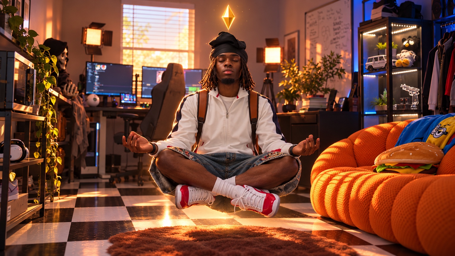 Shamar meditating beneath the gold Life diamond in his creator room